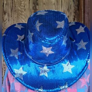 Cowboy Western Hat Stars Blue Sequin Halloween PATRIOT SPARKLE COSTUME Cowgirl